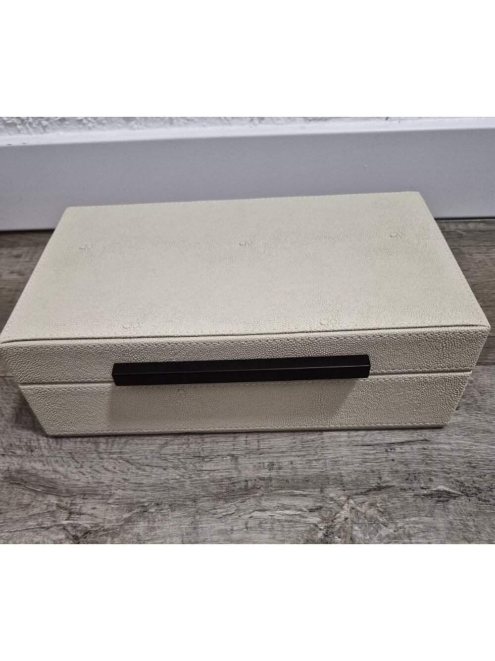 Shagreen Decorative Storage Box Ivory Black Metal Handle  Textured Hinged Lid